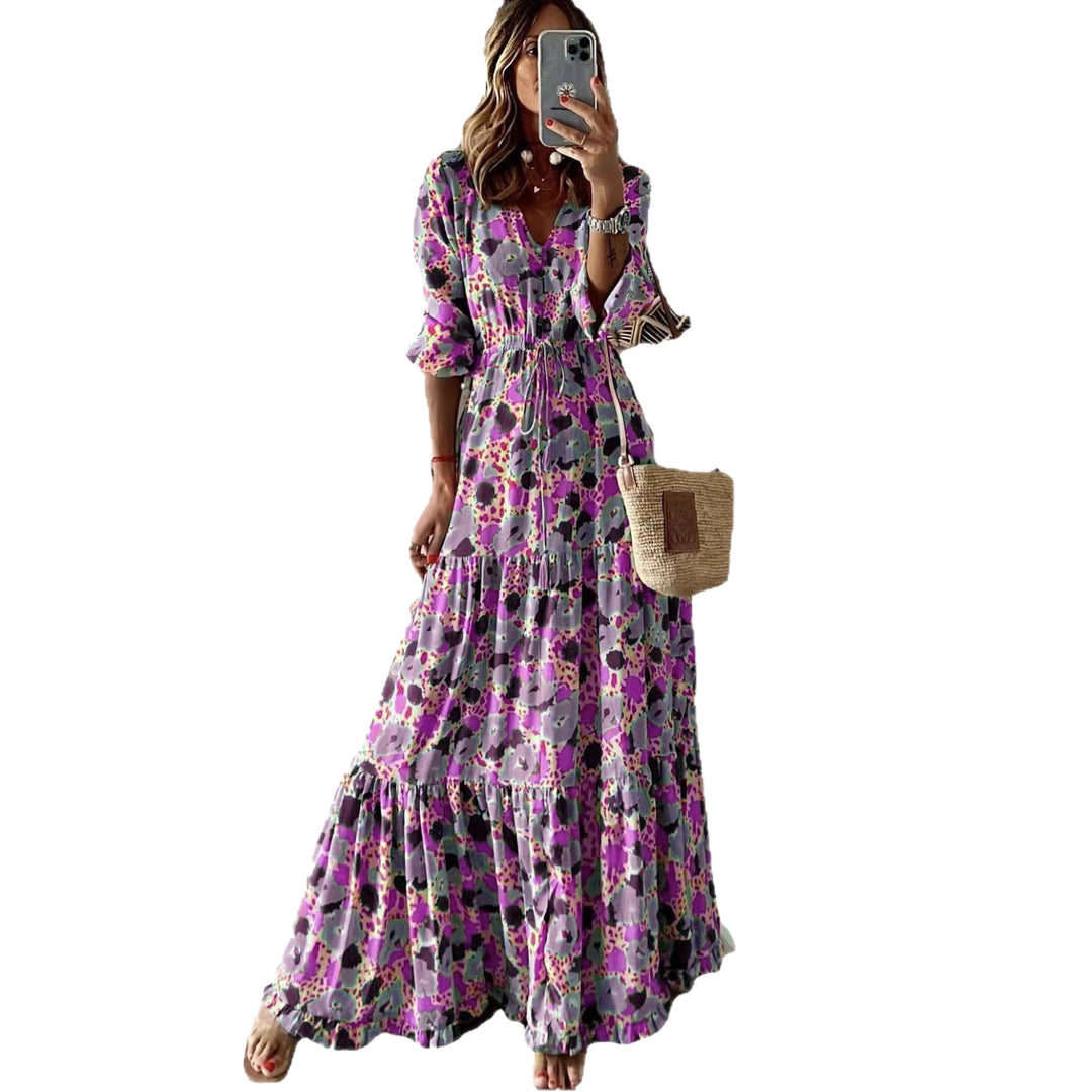 Damen Maxikleid mit Blumenprint, V‑Ausschnitt, Stufenvolant und Tunnelzugtaillen Drune