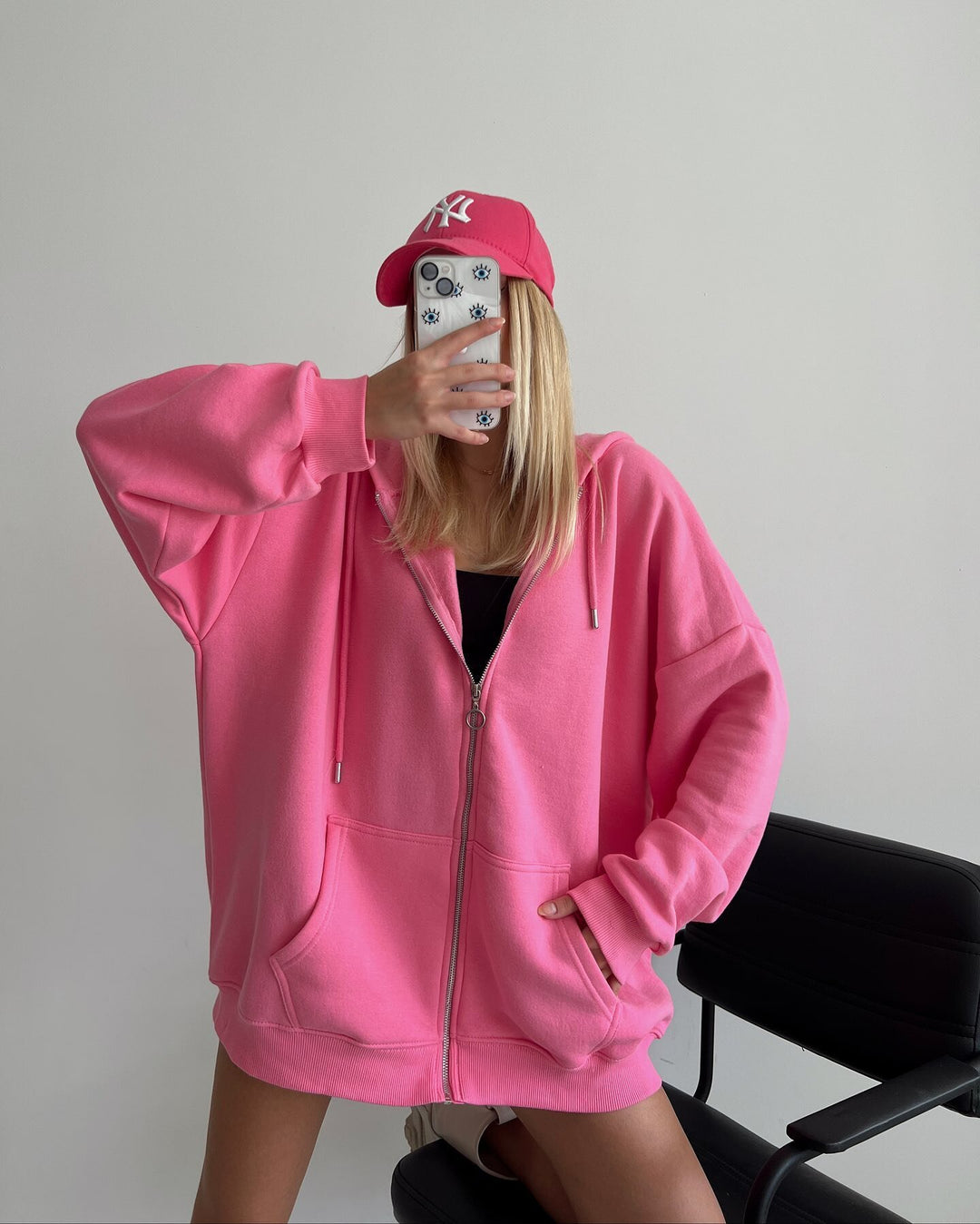 Damen Oversized Fleece-Hoodie mit Reißverschluss und Kängurutasche Drune