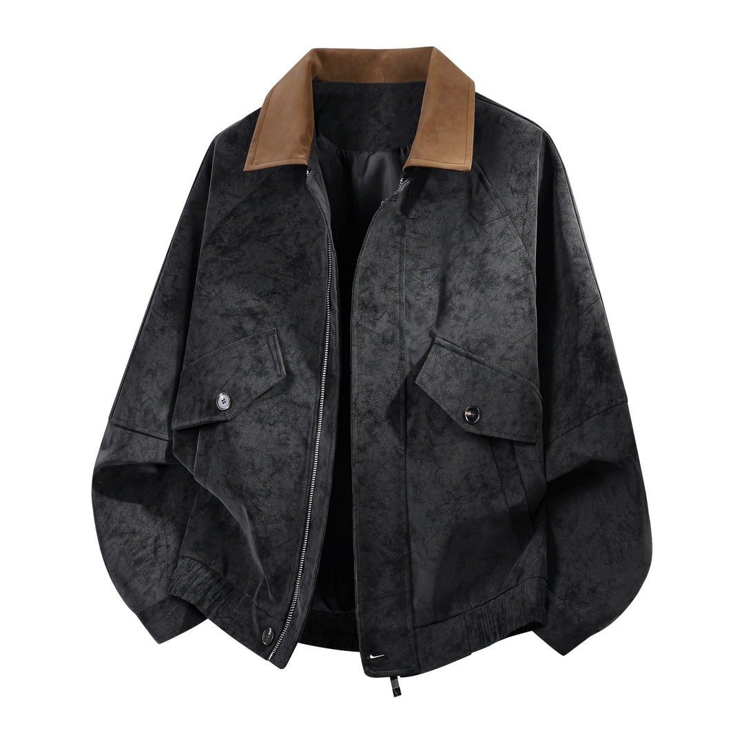 Herren Oversize Bomberjacke in Veloursleder-Optik mit kontrastierendem Kragen, Pattentaschen & elastischem Saum Drune