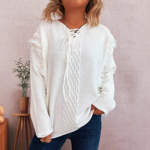 Damen Grobstrickpullover mit lässigen Fransen und dekorativem Zopfdesign Drune