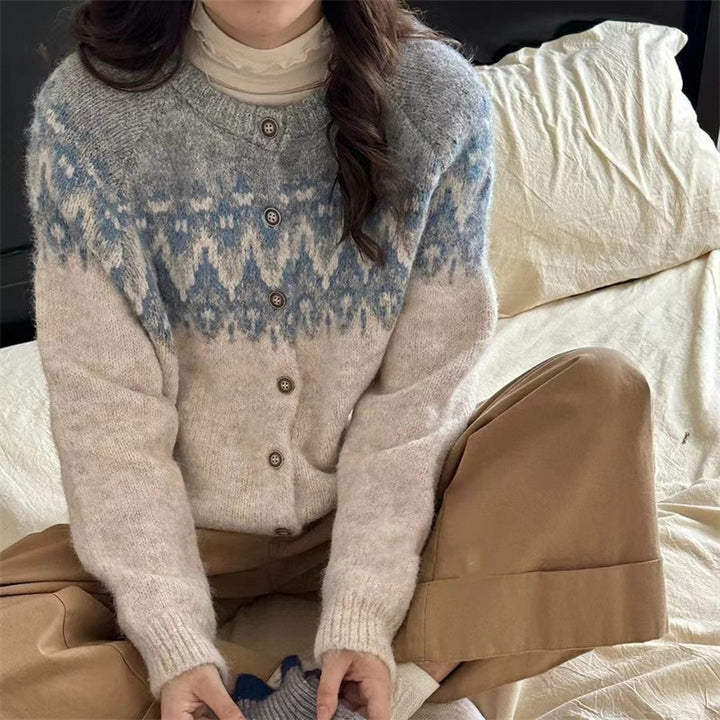 Damen Grobstrick Cardigan mit geometrischem Fair-Isle-Muster und eleganter Knopfleiste Drune