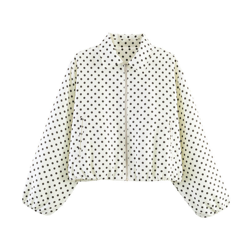 Damen Gepunktete Cropped-Bomberjacke im Retro-Look mit Hemdkragen und elastischem Saum Drune