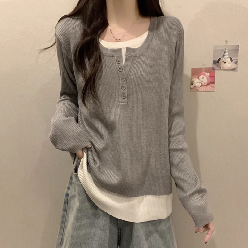 Damen modischer Langarm-Pullover mit Knopfleiste Drune