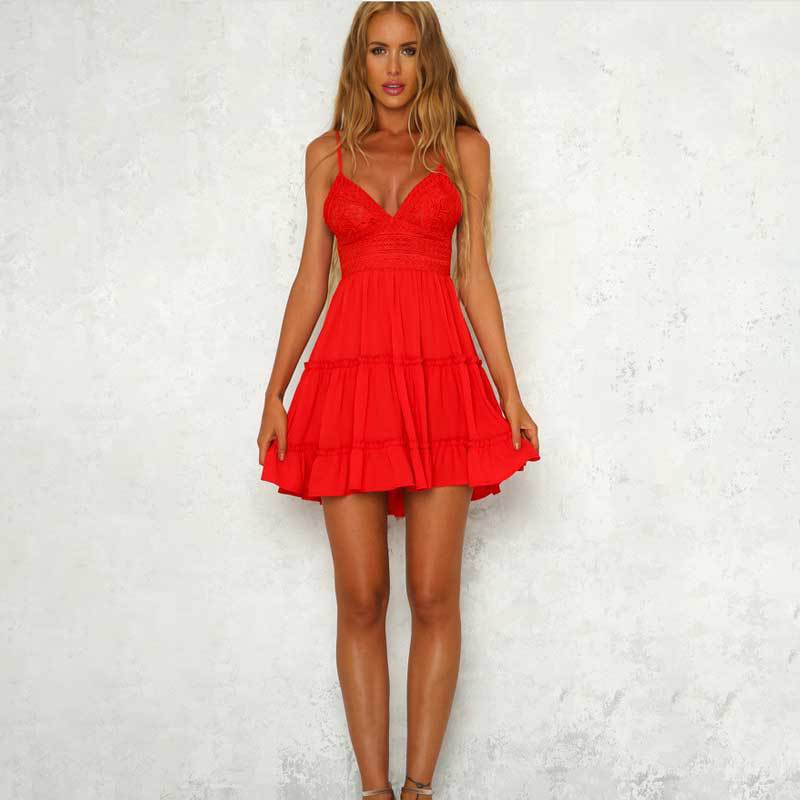 Damen Sommerliches Minikleid mit romantischem Rüschensaum und Spaghettiträgern Drune
