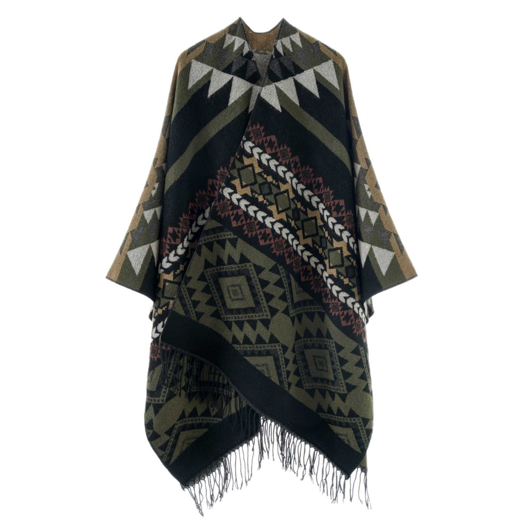 Damen Oversize Jacquard‑Überwurf im Ethno‑Muster mit Fransen Drune