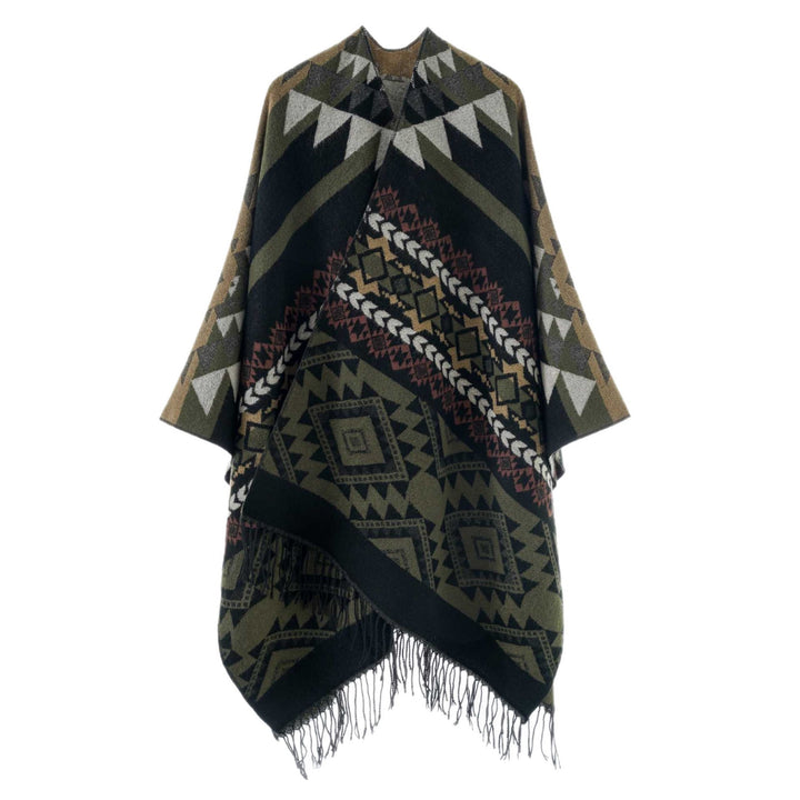 Damen Oversize Jacquard‑Überwurf im Ethno‑Muster mit Fransen Drune