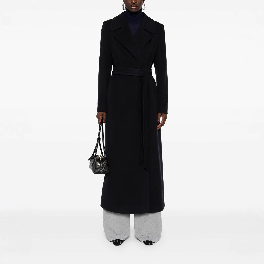 Damen Langer Wickelcoat aus Wollmix mit Bindegürtel und breitem Revers Drune