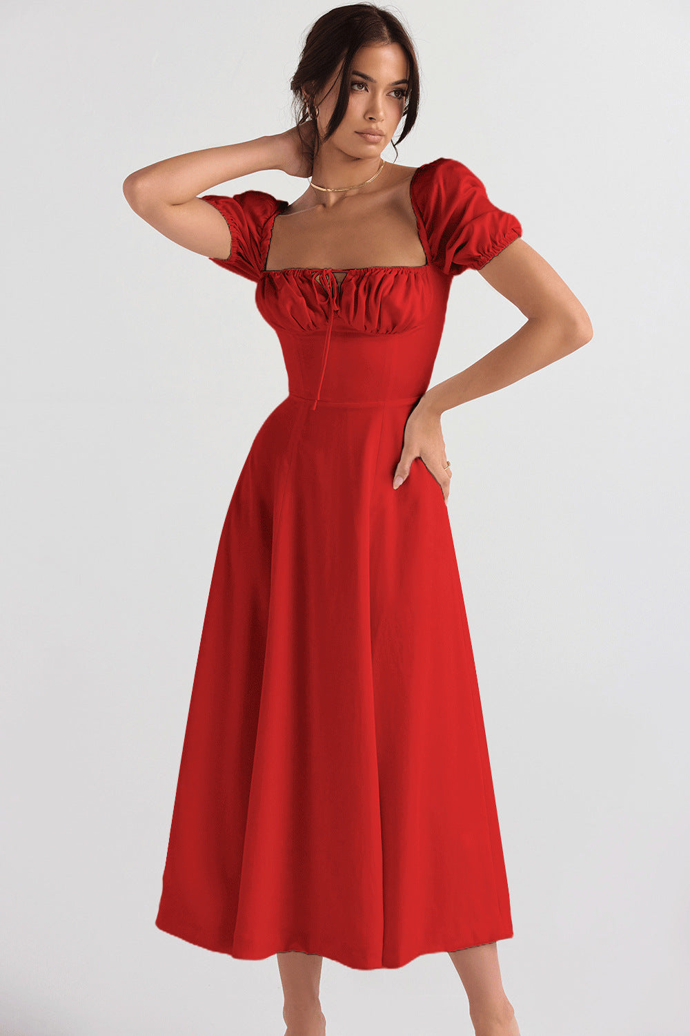 Damen Midi-Kleid mit gerafftem Oberkörper und ausgestelltem Rock Drune