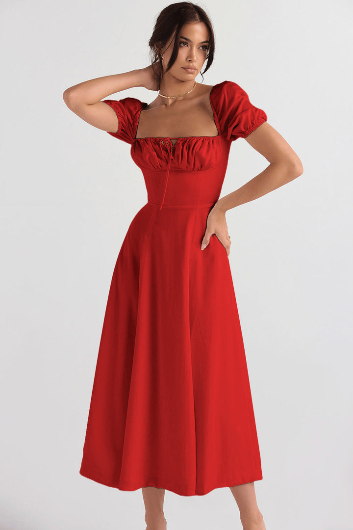 Damen Midi-Kleid mit gerafftem Oberkörper und ausgestelltem Rock Drune