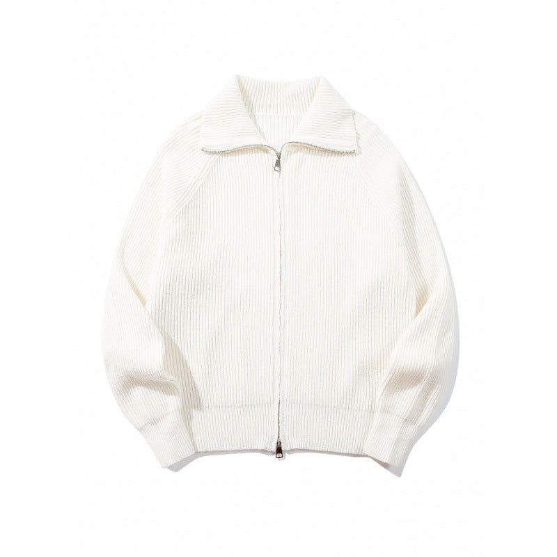 Unisex Grobgerippte Zip-Strickjacke mit Stehkragen, Raglanärmeln und Zwei-Wege-Reißverschluss Drune