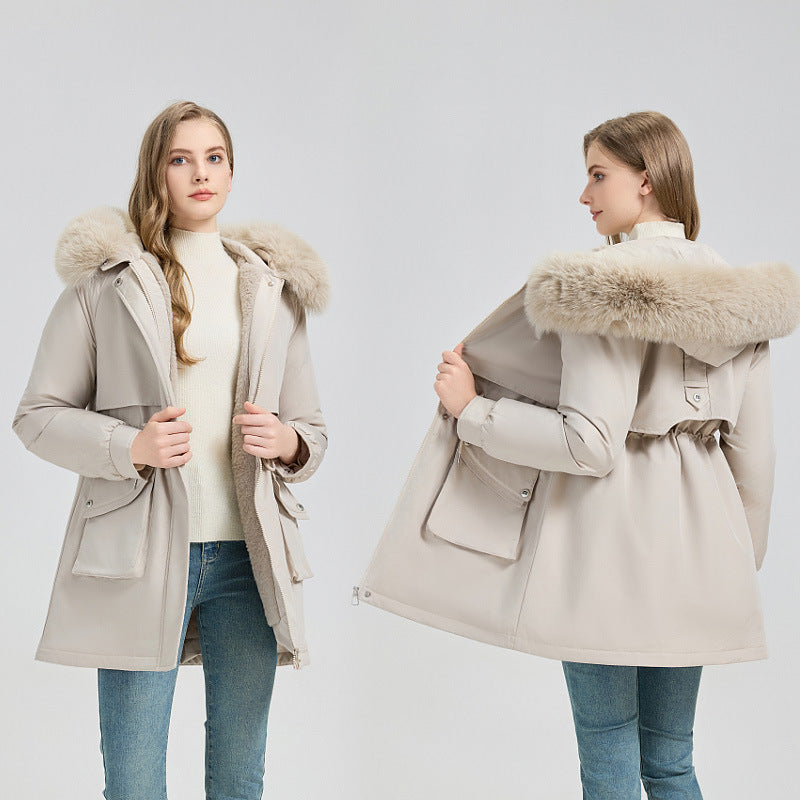 Damen Midilanger Thermoparka mit Teddy-Innenfutter, abnehmbarem Kunstpelzkragen und Taillenregulierung Drune