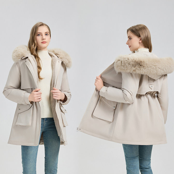 Damen Midilanger Thermoparka mit Teddy-Innenfutter, abnehmbarem Kunstpelzkragen und Taillenregulierung Drune
