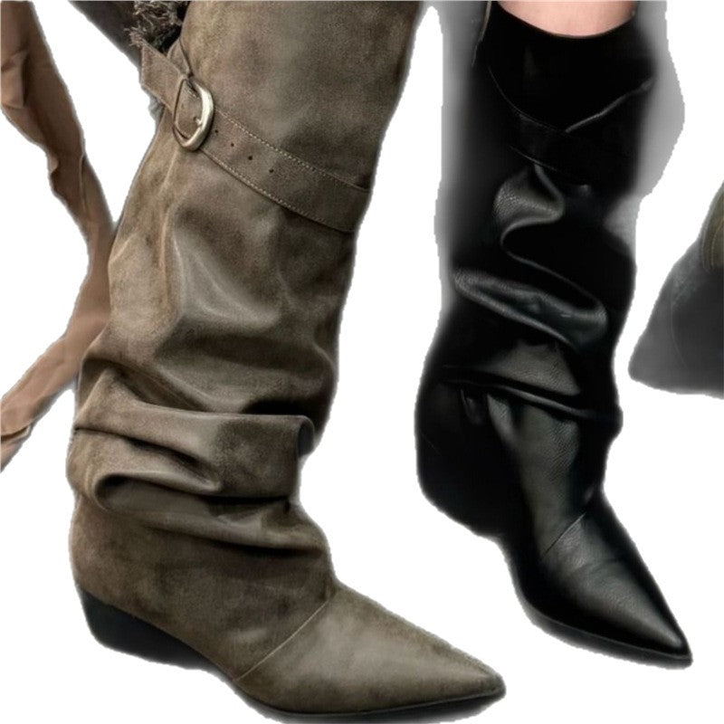 Damen kniehohe Slouch-Stiefel im Vintage-Wildleder-Look mit spitzer Zehenform und dezenter Schnallenmanschette Drune