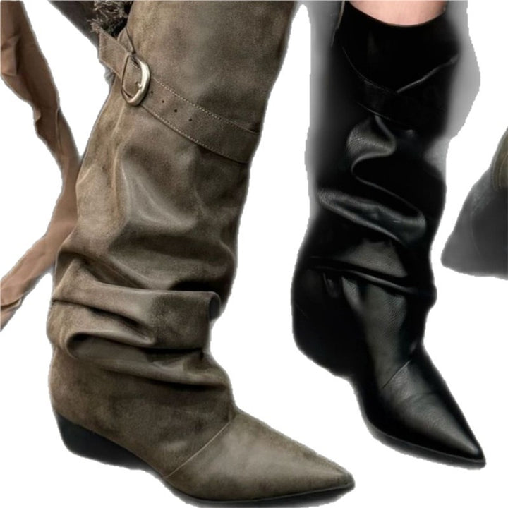 Damen kniehohe Slouch-Stiefel im Vintage-Wildleder-Look mit spitzer Zehenform und dezenter Schnallenmanschette Drune