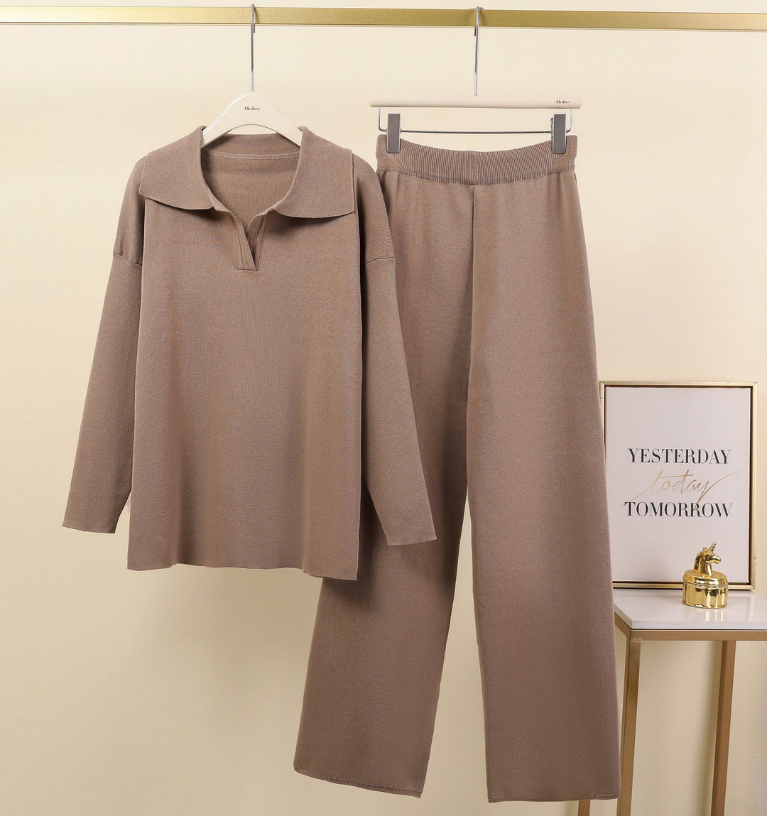 Damen Elegantes Freizeithosen- und Blusen-Set mit Kragen Drune