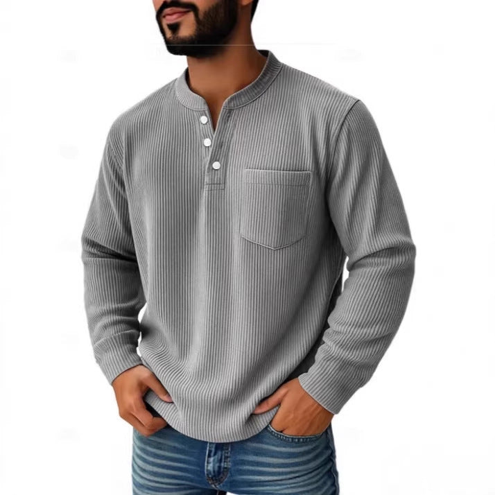 Herren nan thermisches Waffelstrick-Henleyshirt mit Stehkragen Brusttasche und geripptem Komfortschnitt Drune