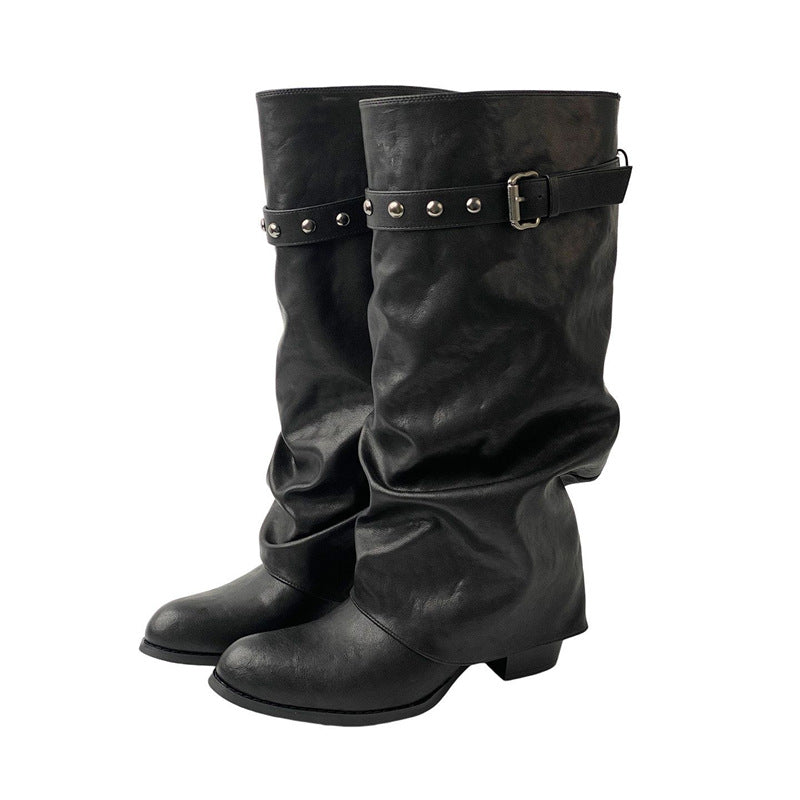 Damen Weiche Oversized Slouch-Overknee‑Stiefel mit verstellbarem Nieten‑Schnallenriemen Drune