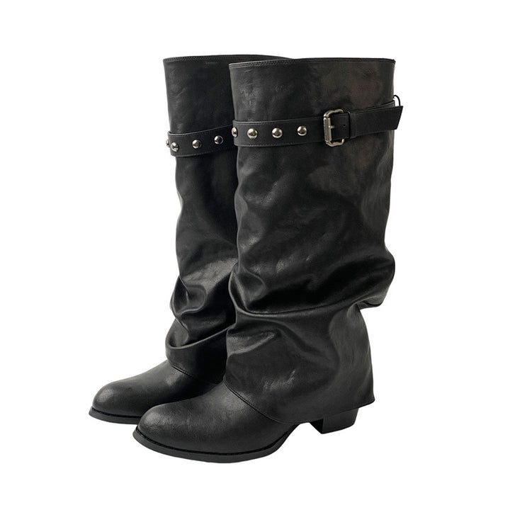 Damen Weiche Oversized Slouch-Overknee‑Stiefel mit verstellbarem Nieten‑Schnallenriemen Drune