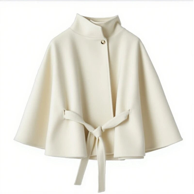 Damen elegante Umhangjacke mit Bindegürtel und hochgeschlossenem Kragen Drune