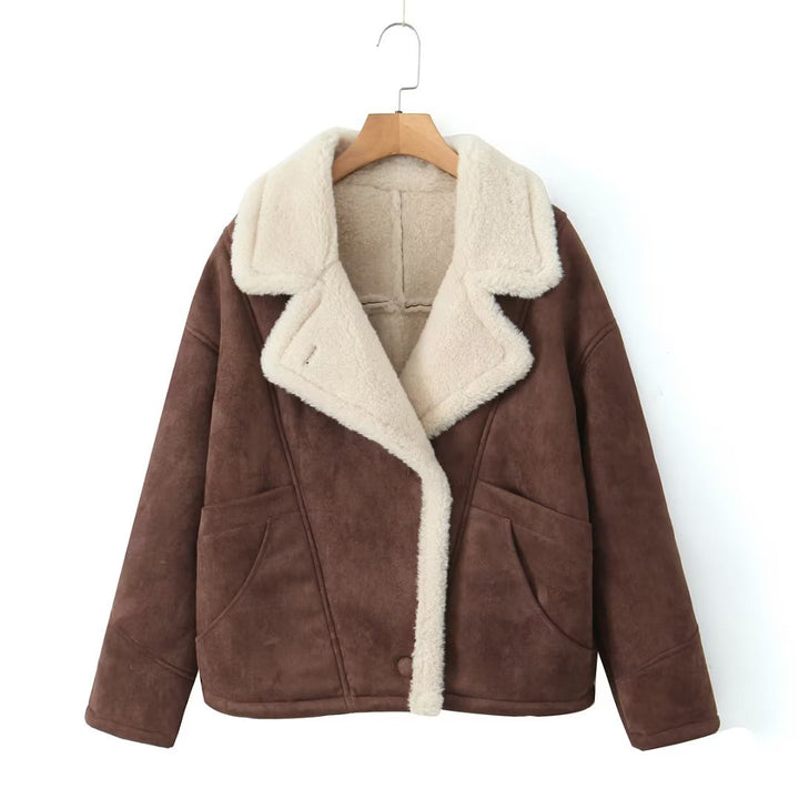 Damen Kurzgeschnittene Fliegerjacke aus Veloursimitat mit Teddyfutter und großem Revers Drune