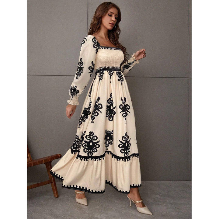Damen Maxikleid mit Puffärmeln und elegantem Stickmuster Drune