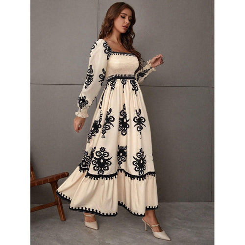 Damen Maxikleid mit Puffärmeln und elegantem Stickmuster Drune