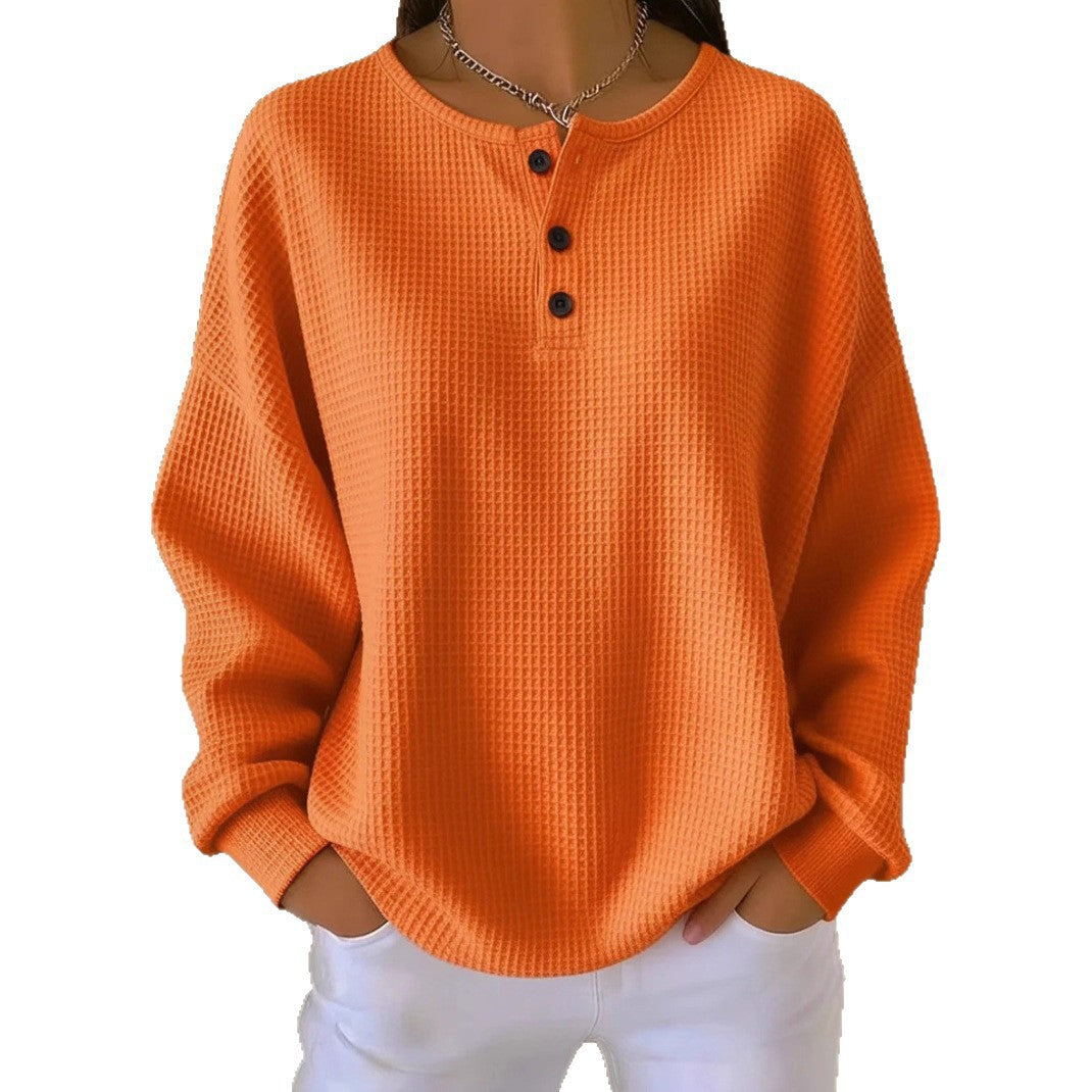 Damen nan Oversized Waffelstrick Henley-Pullover mit Knopfleiste und abgerundetem Saum Drune