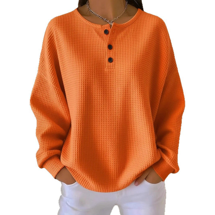 Damen nan Oversized Waffelstrick Henley-Pullover mit Knopfleiste und abgerundetem Saum Drune