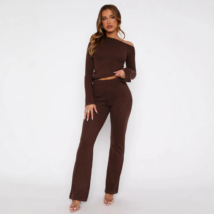 Damen Zweiteiliges Strick-Loungewear-Set mit Carmen‑Ausschnitt und weitem High‑Waist‑Hosenbein Drune