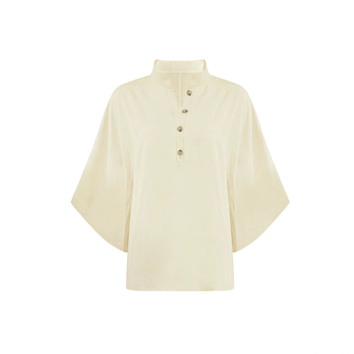 Damen Leichtes Jersey-Set mit Oversize-Henleybluse, Kimonoärmeln und weiter Bundhose Drune