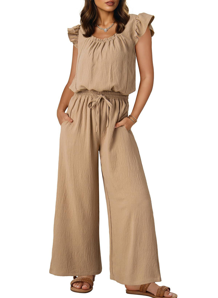 Damen Crinkle-Overall mit weitem Bein, elastischem Taillenbund und Rüschenärmeln Drune