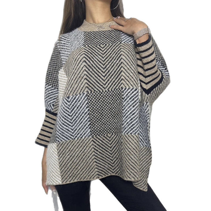 Damen asymmetrischer Strickpullover mit Zickzackmuster Drune