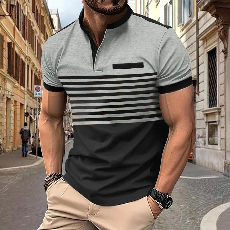 Herren nan kurzärmeliges Streifen-Kurzarmshirt mit Knopfleiste, Stehkragen und Brustpaspel Drune