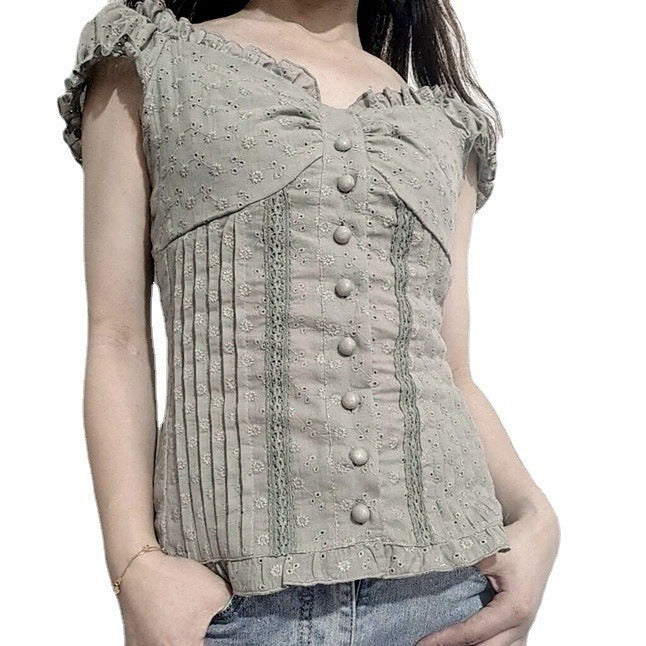 Damenbluse mit romantischem Rüschendesign und dekorativen Knopfdetails Drune