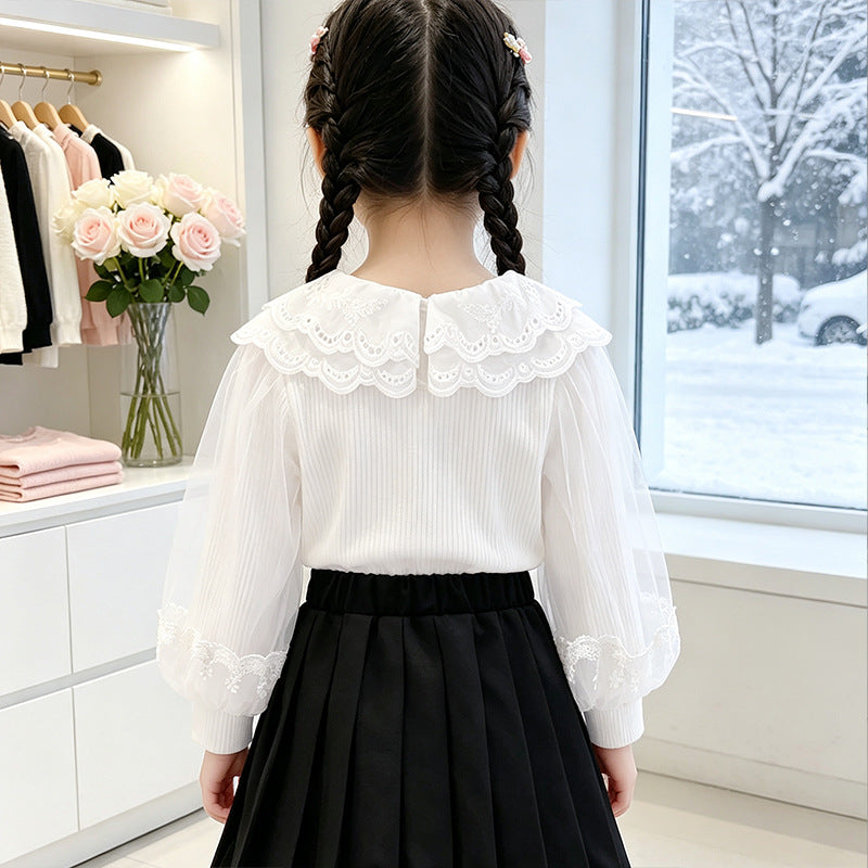 Mädchen Bluse mit Spitzenkragen und transparenten Ärmeln Drune