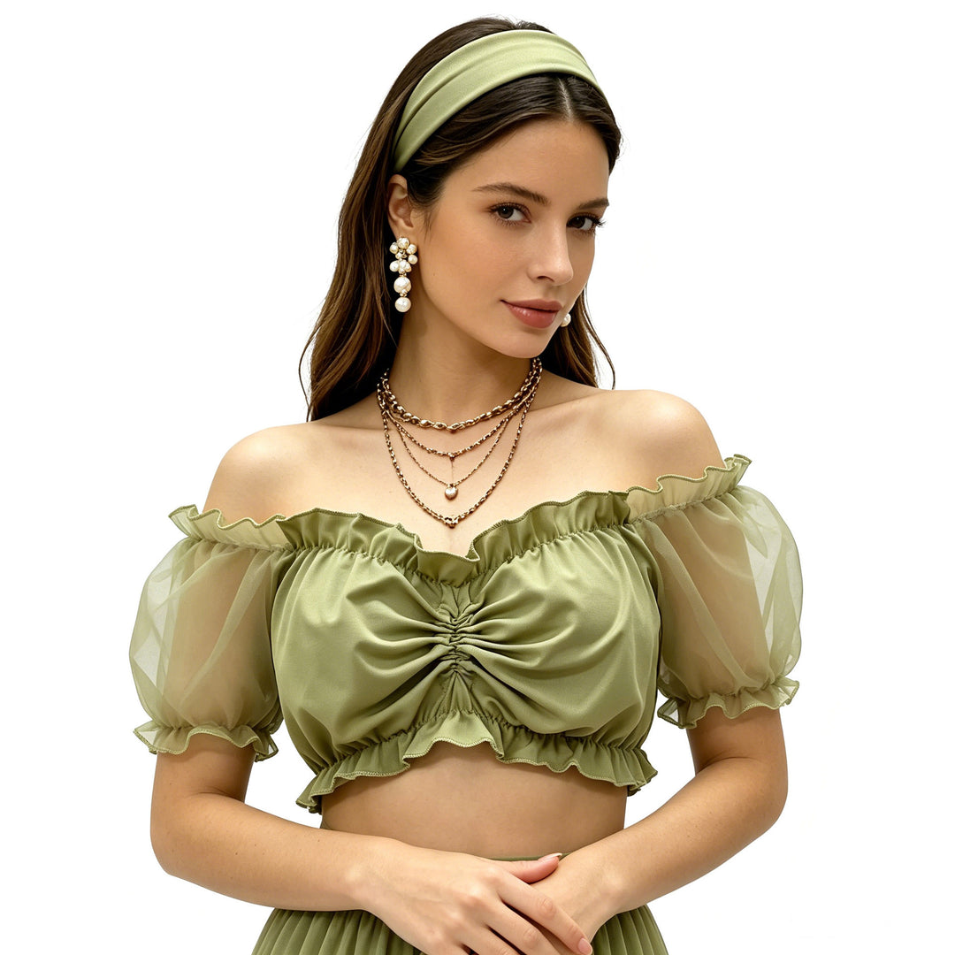 Damen nan gerafftes Crop Top mit Carmenausschnitt und transparenten Organzaärmeln Drune