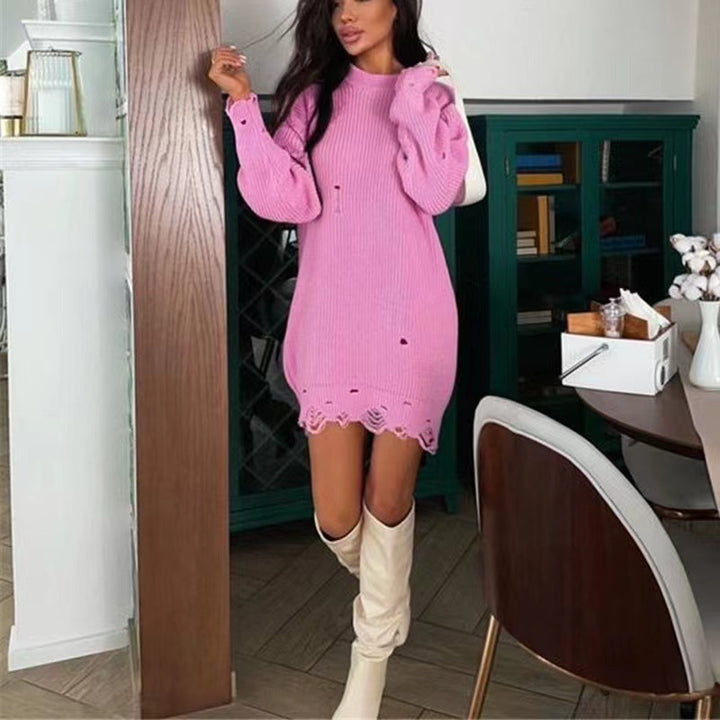 Damen Oversize Grobstrick-Minikleid mit Destroy-Effekt und Rundhalsausschnitt Drune