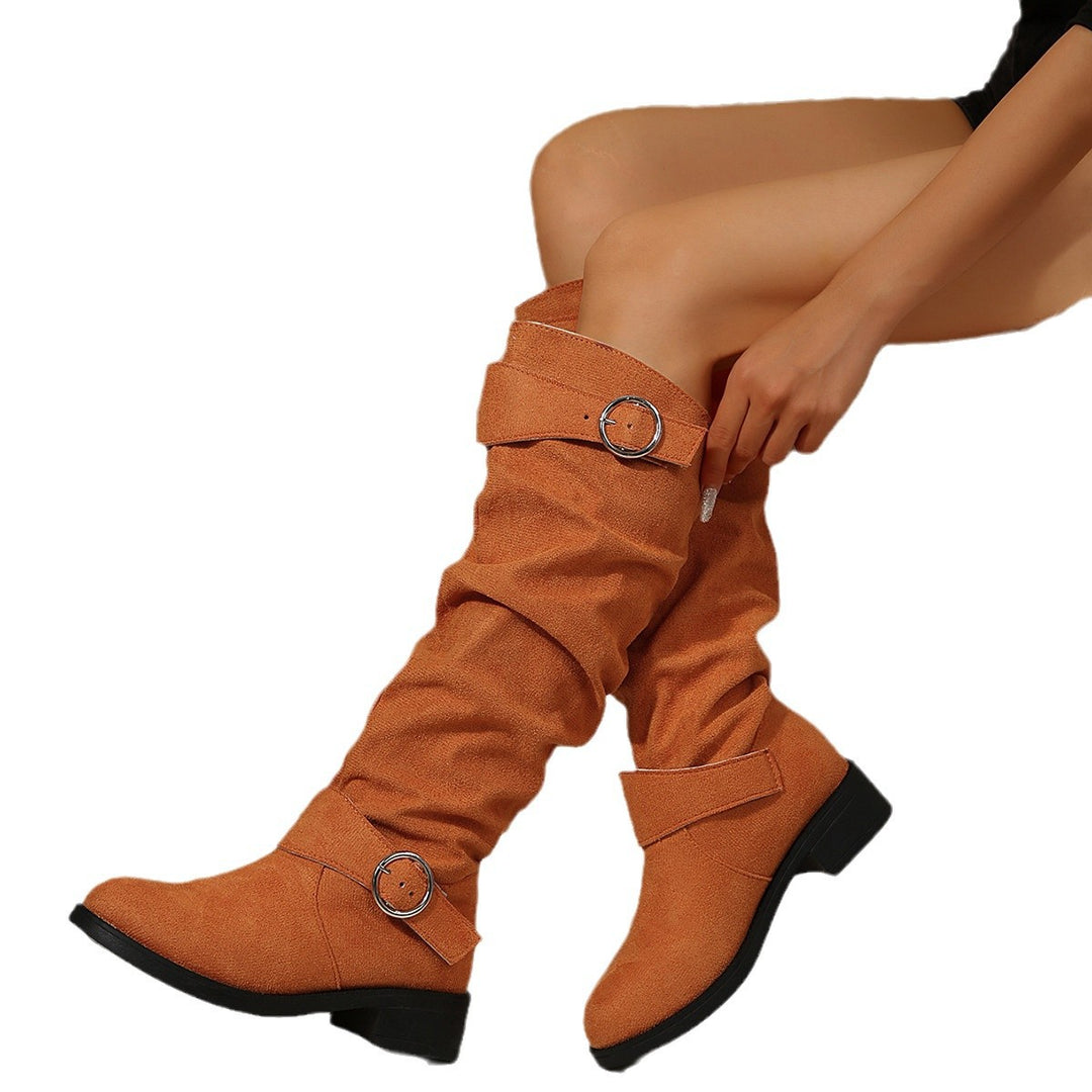 Damen Slouch-Stiefel kniehoch mit dekorativem Ringriemen und niedrigem Blockabsatz Drune