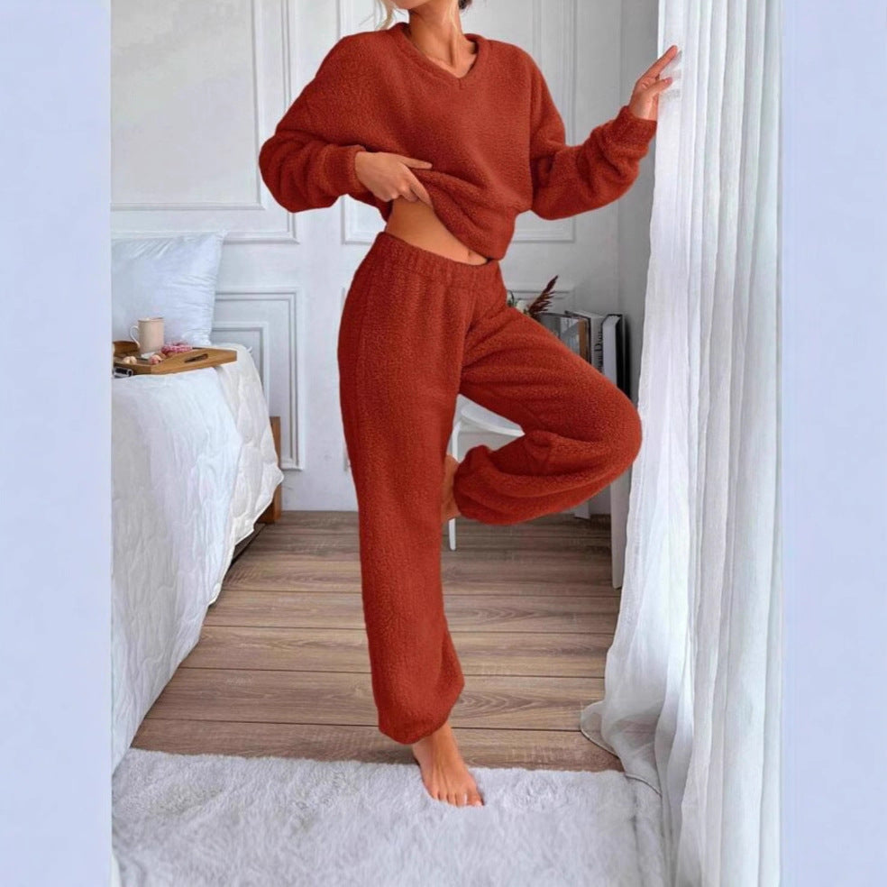 Damen Kuscheliges Freizeit-Loungewear-Set mit V-Ausschnitt Drune