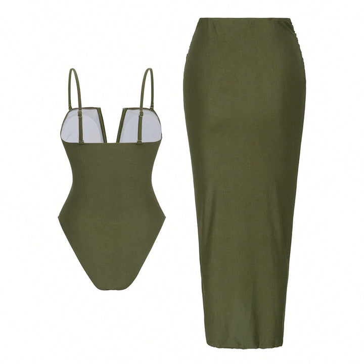 Damen One-Piece Badeanzug mit elegantem Wickelrock Drune