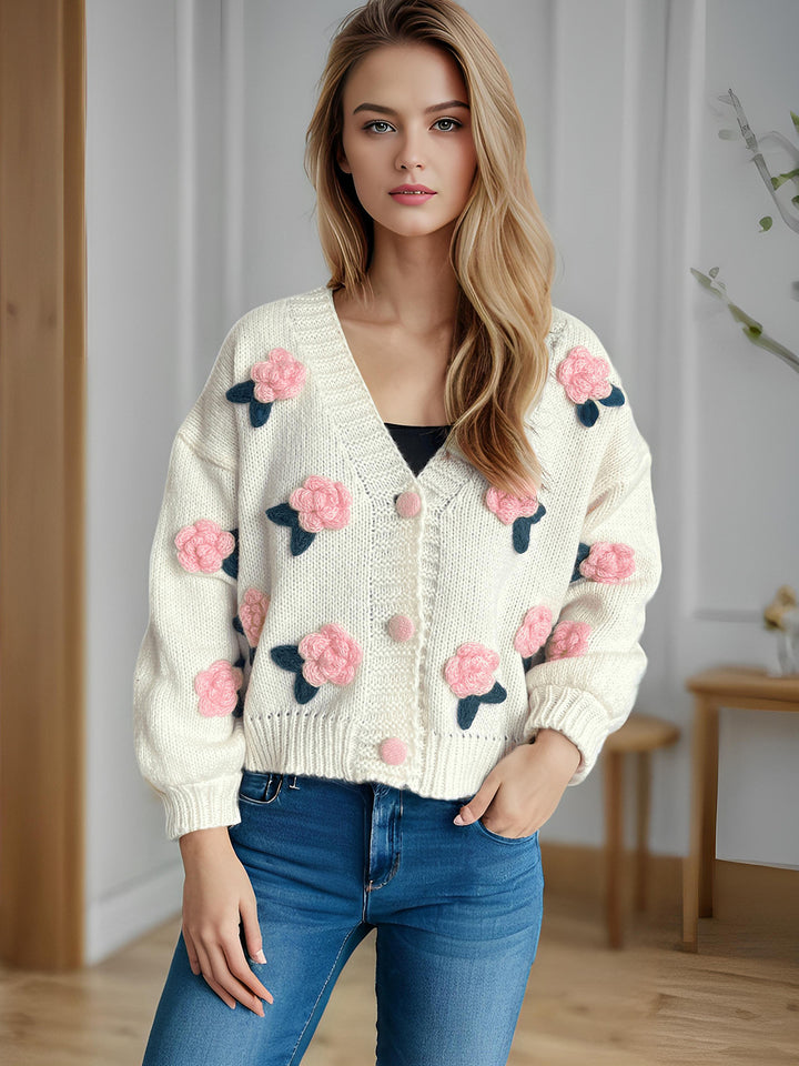 Damen kuschelige Strickjacke mit floralem 3D-Design und großen Knöpfen Drune