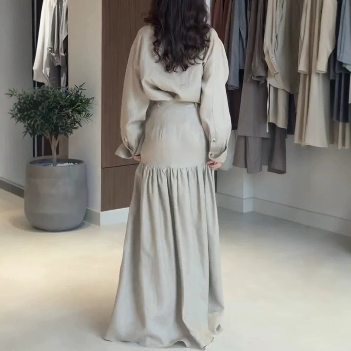Damen Zweiteiliges Oversize-Hemd und Maxirock-Set mit hoher Taille & durchgehender Knopfleiste Drune
