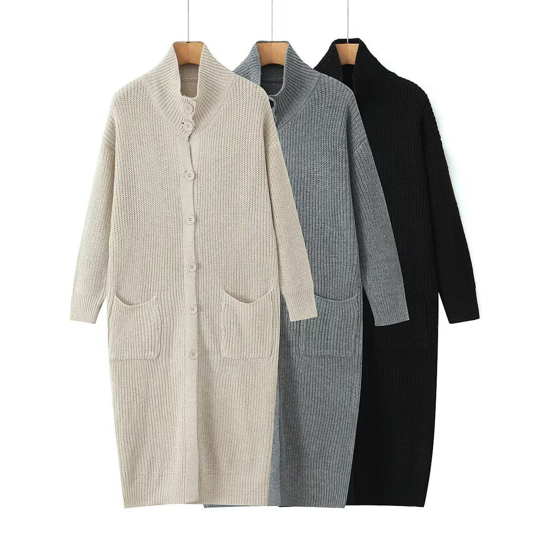 Damen Langer Grobstrick-Cardigan mit Schalkragen, Knopfleiste und aufgesetzten Taschen Drune