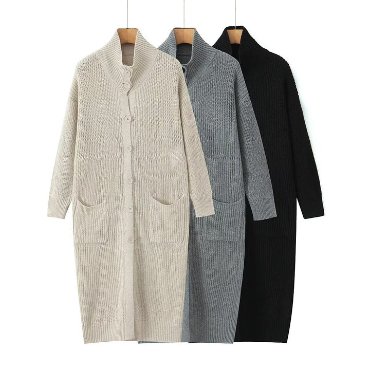 Damen Langer Grobstrick-Cardigan mit Schalkragen, Knopfleiste und aufgesetzten Taschen Drune