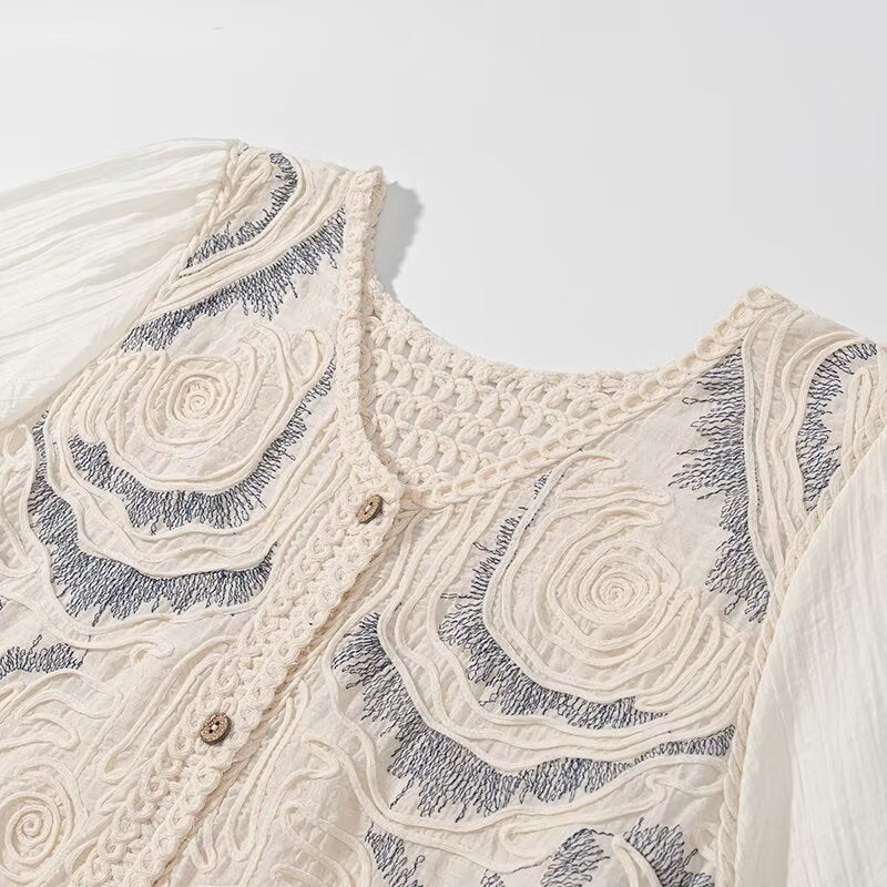 Damen Bestickter Häkelstrick-Cardigan mit transparenten Plissee-Ärmeln Drune