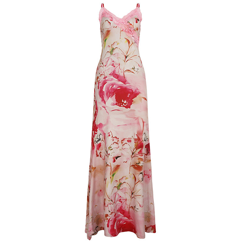Damen Maxikleid mit floralem Design und Spitzenakzenten Drune