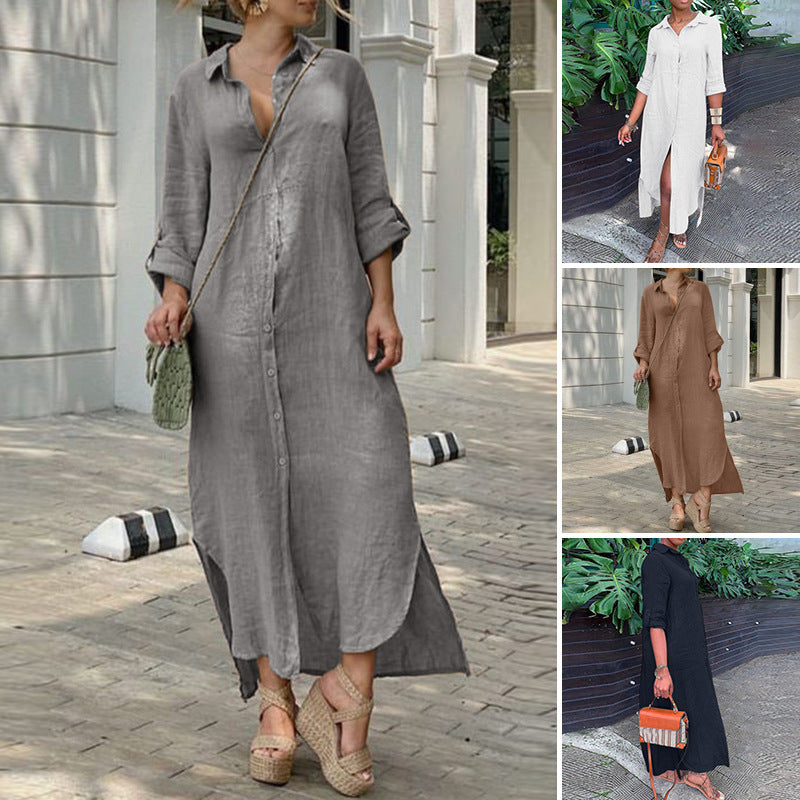 Damen Hemdblusenkleid mit durchgehender Knopfleiste, seitlichen Schlitzen und 3/4-Ärmeln Drune