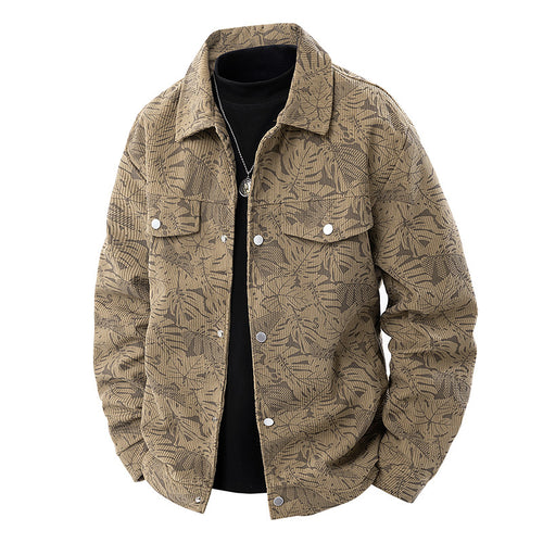 Herren Cord-Truckerjacke mit Jacquard-Blattmuster und Druckknopfleiste Drune