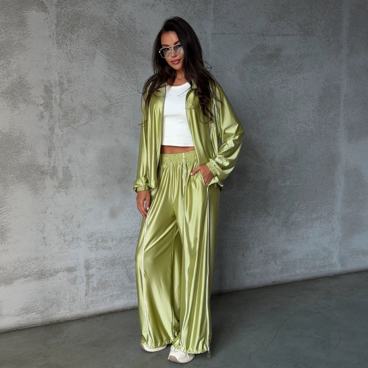 Damen Satin-Trainingsanzug mit Reißverschlussjacke und weiter Gummibund-Hose Drune
