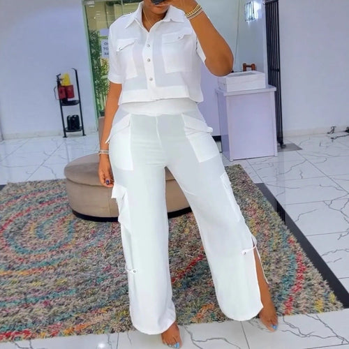 Damen nan zweiteiliges Hemd- und Cargo-Hosen-Set mit kurzem Oversize-Hemd, hoher Taille, weitem Bein und seitlichen Beinschlitzen Drune